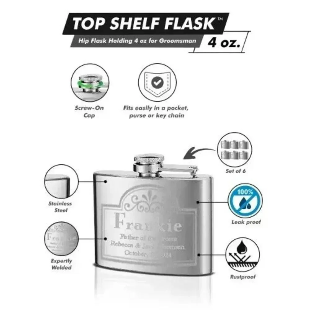 6 Custom Engraved Wedding Flasks Personalized Bridesmaid Groomsmen Gift Set 4oz